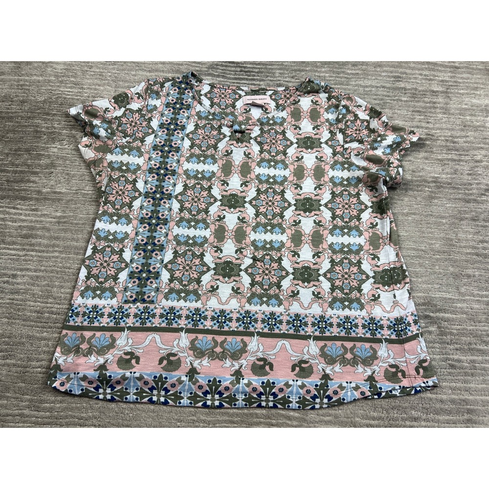 Allison Daley Top Womens L Pink Green Medallion Floral Short Sleeve Keyhole Tee